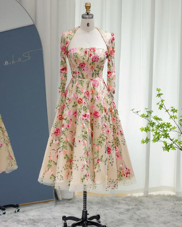 A-Line/Princess Tulle/Lace Square Neck Long Sleeve Tea-Length Evening Dress with Embroidery BabaMila