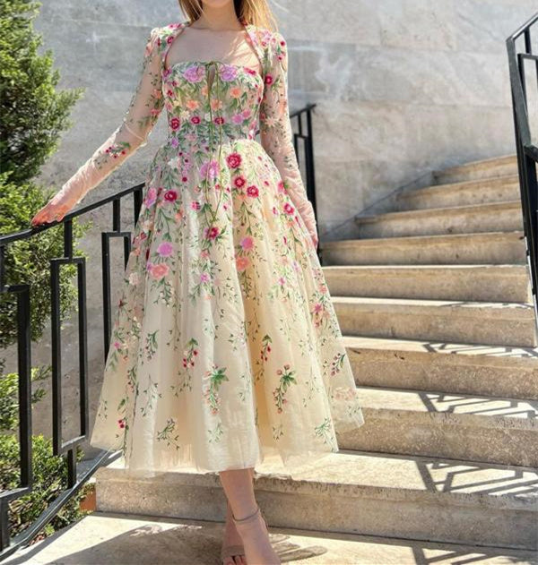 A-Line/Princess Tulle/Lace Square Neck Long Sleeve Tea-Length Evening Dress with Embroidery BabaMila