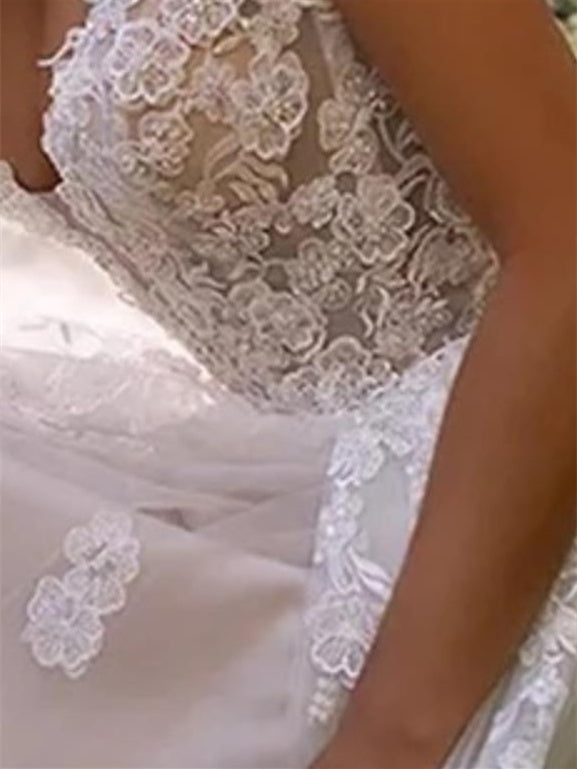 A-Line/Princess Sweetheart Chapel Train Wedding Dress Spaghetti Straps with Appliques BabaMila