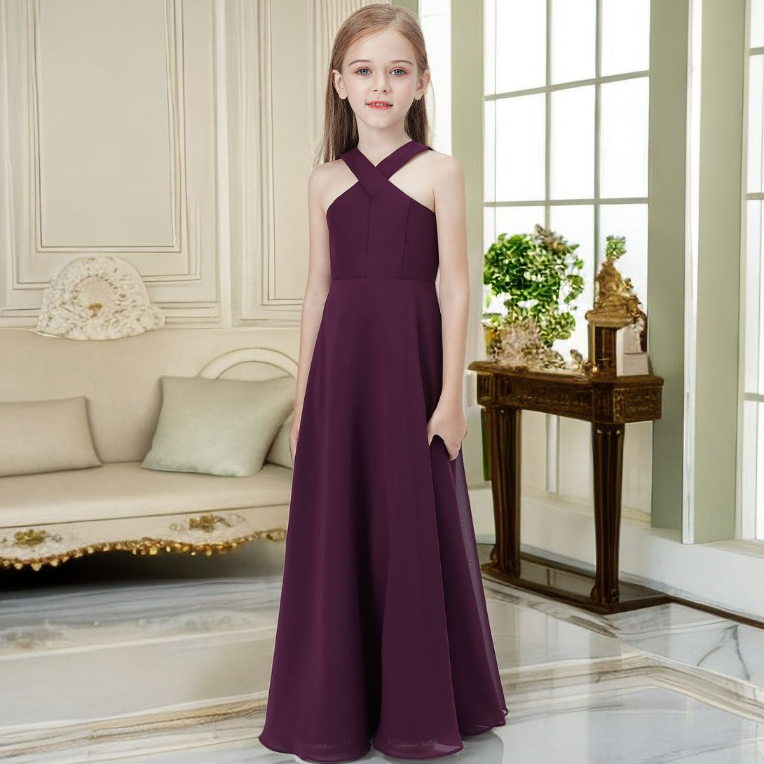 Halter Simple Chiffon Floor-Length Junior Bridesmaid Dress/Girls Birthday Dresses Girls Gidiondress