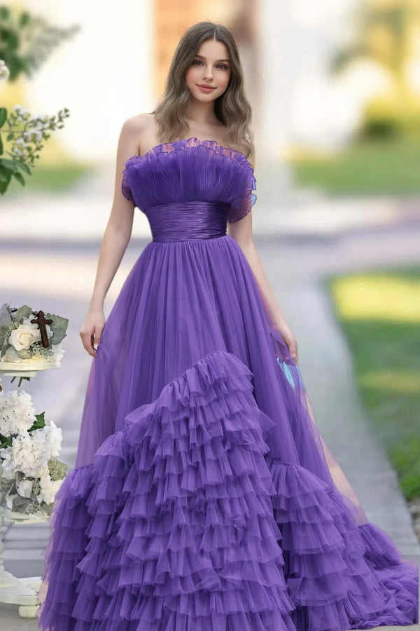 Tahiti A-line Square Neckline Strapless Corset Ruffle Long Prom Dress BabaMila