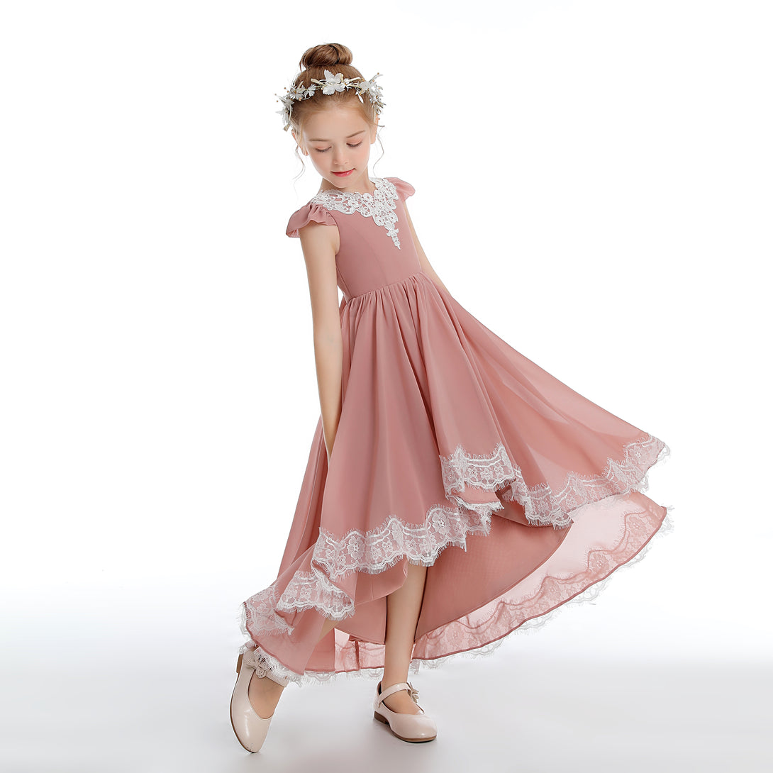 Asymmetrical Cap Sleeve Scoop Neck Cute Ankel-Length Lace/Chiffon Junior Bridesmaid Dress With Appliques Girls Gidiondress as picture 12M