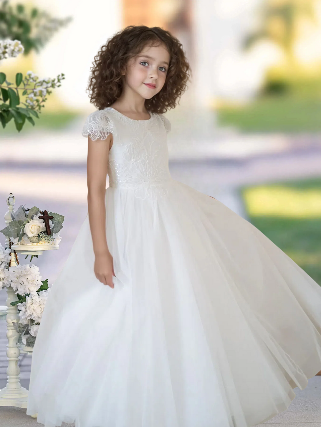Flower Girl Dresses/Ball Gown Cap Sleeve Floor-Length Satin/Lace/Tulle First Communion Dresses Girls Gidiondress Ivory 12M