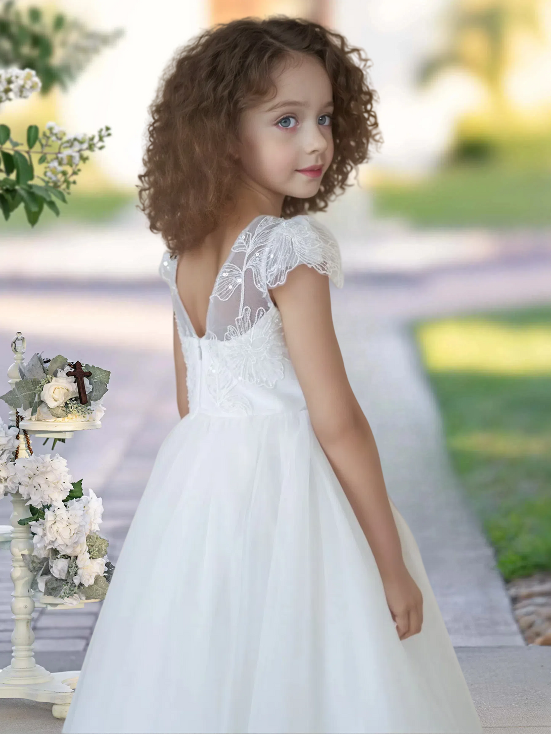 Flower Girl Dresses/Ball Gown Cap Sleeve Floor-Length Satin/Lace/Tulle First Communion Dresses Girls Gidiondress
