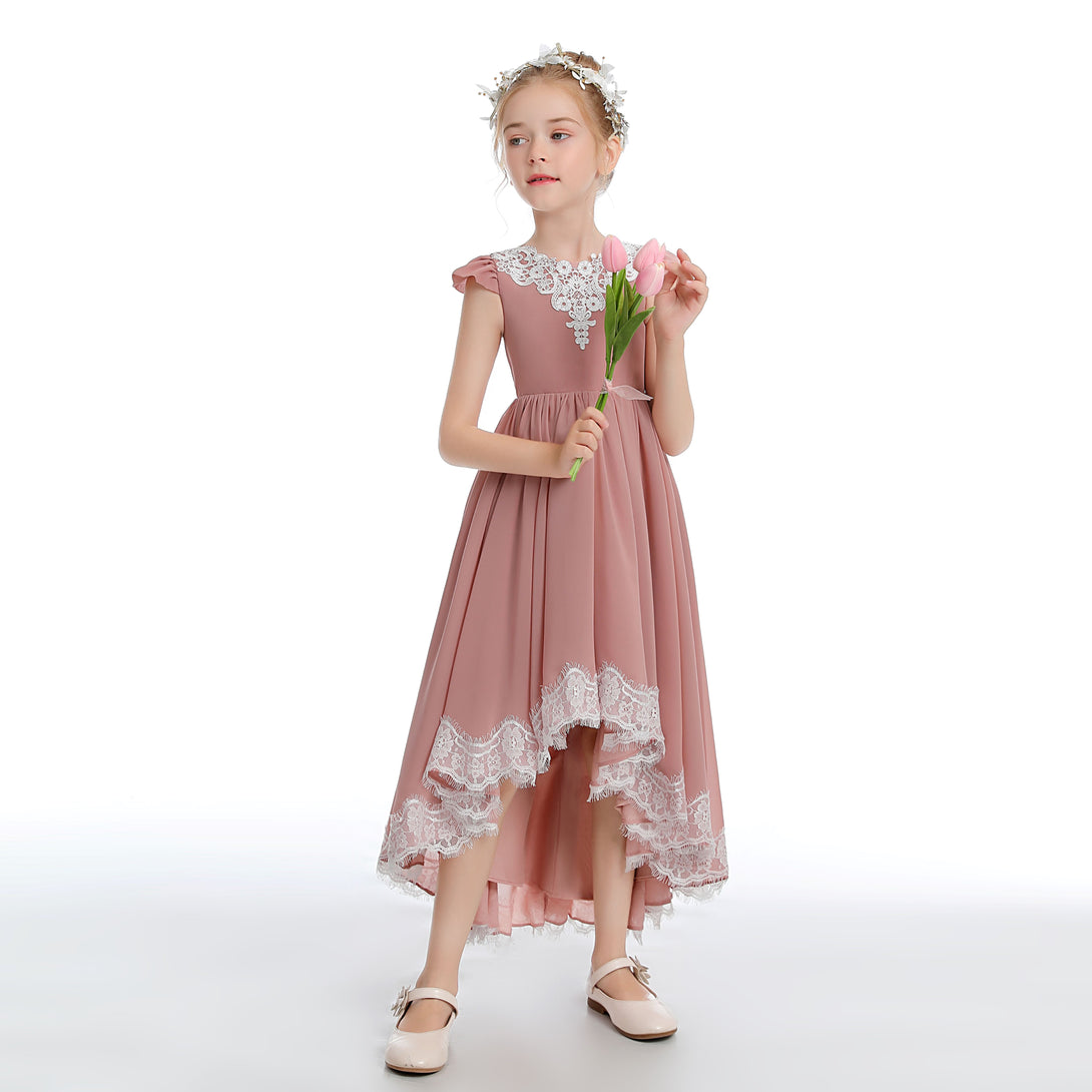 Asymmetrical Cap Sleeve Scoop Neck Cute Ankel-Length Lace/Chiffon Junior Bridesmaid Dress With Appliques Girls Gidiondress