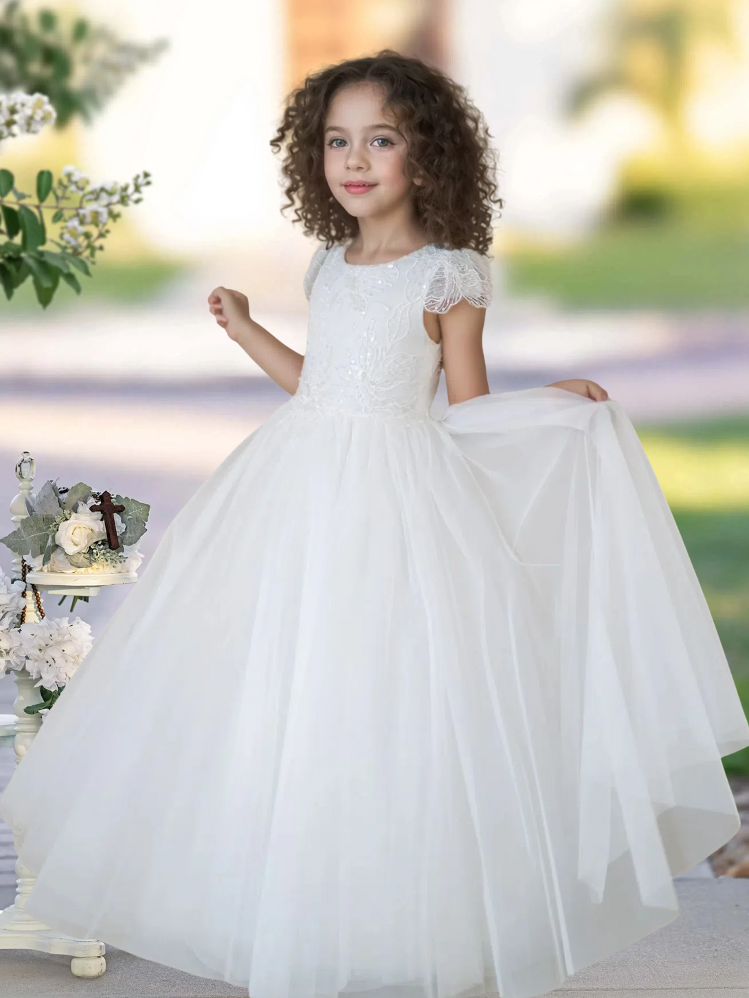 Flower Girl Dresses/Ball Gown Cap Sleeve Floor-Length Satin/Lace/Tulle First Communion Dresses Girls Gidiondress