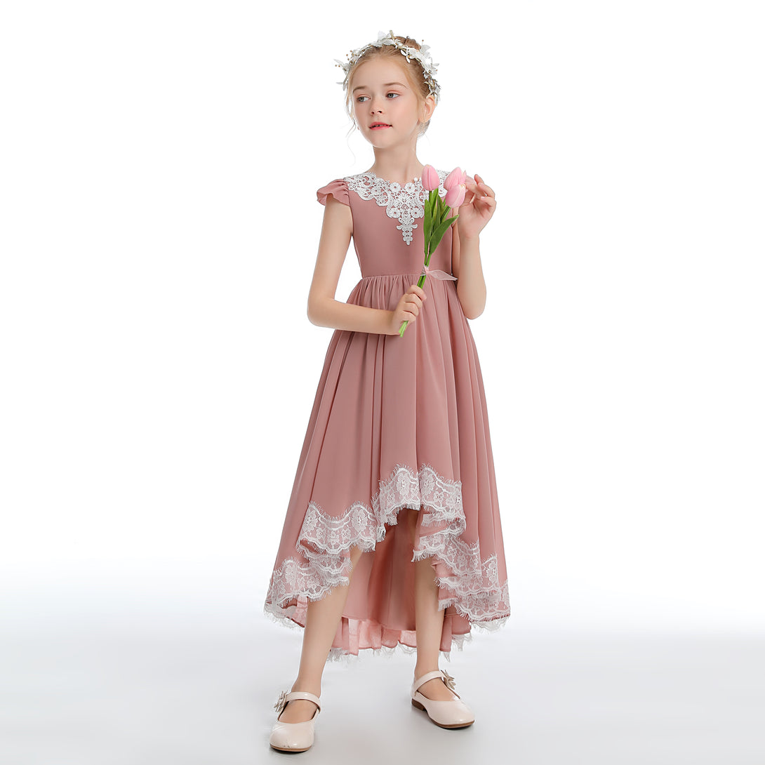 Asymmetrical Cap Sleeve Scoop Neck Cute Ankel-Length Lace/Chiffon Junior Bridesmaid Dress With Appliques Girls Gidiondress