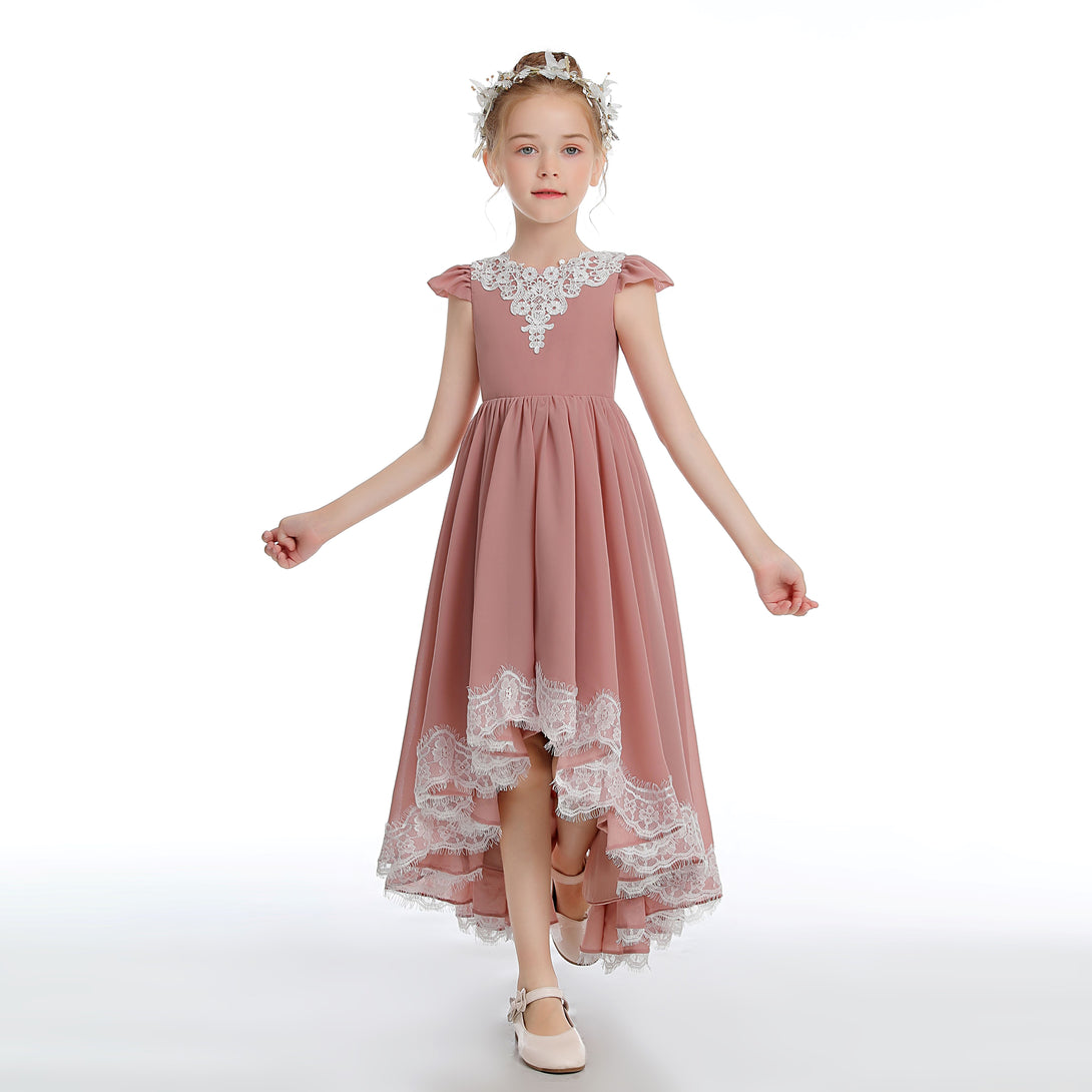 Asymmetrical Cap Sleeve Scoop Neck Cute Ankel-Length Lace/Chiffon Junior Bridesmaid Dress With Appliques Girls Gidiondress