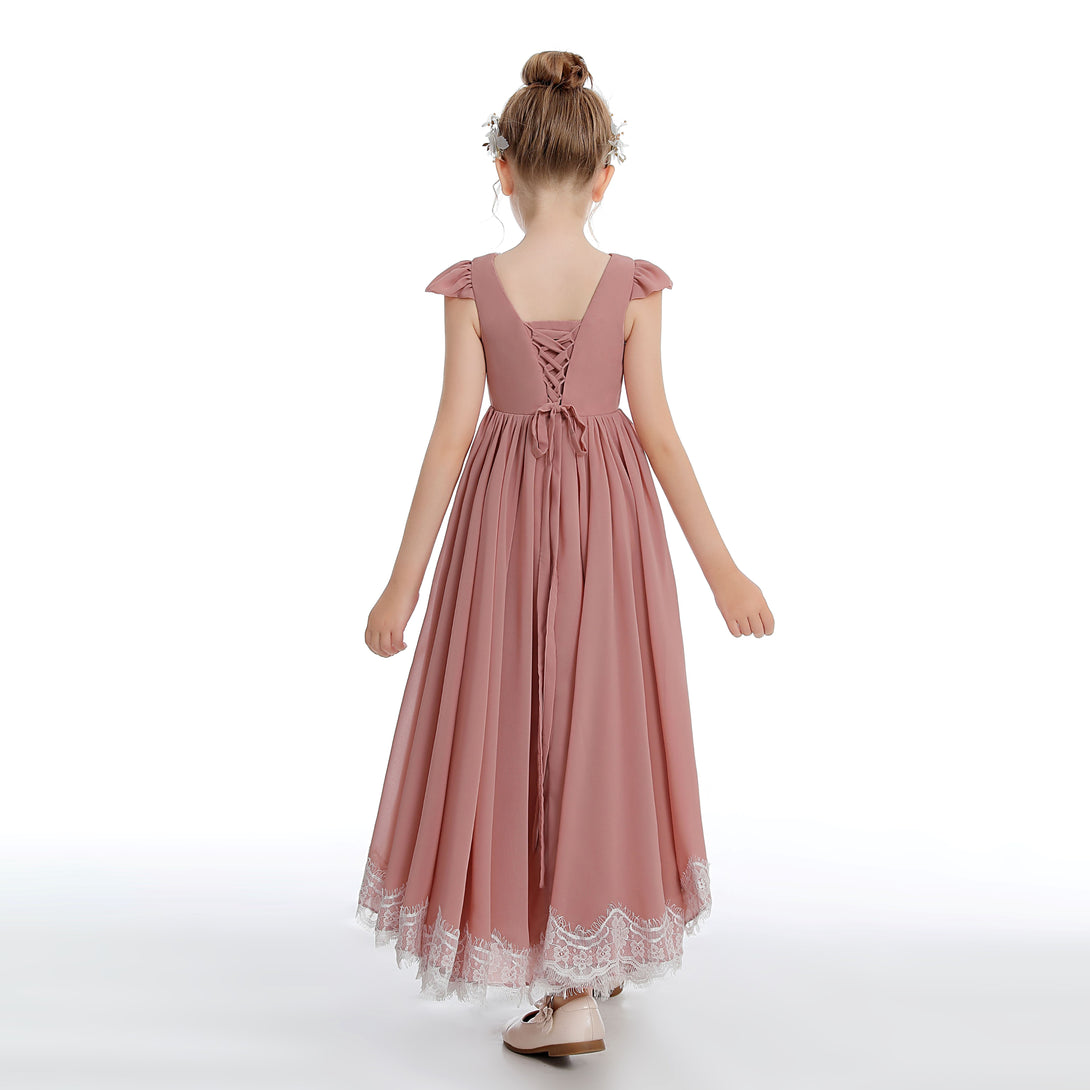 Asymmetrical Cap Sleeve Scoop Neck Cute Ankel-Length Lace/Chiffon Junior Bridesmaid Dress With Appliques Girls Gidiondress