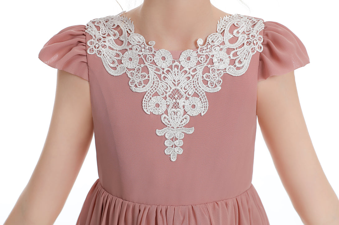 Asymmetrical Cap Sleeve Scoop Neck Cute Ankel-Length Lace/Chiffon Junior Bridesmaid Dress With Appliques Girls Gidiondress