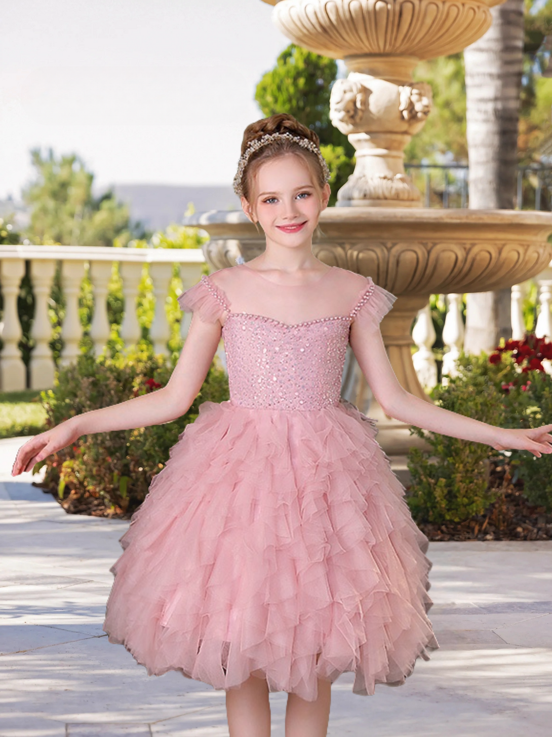 Boat Neck Flutter Straps Knee-Length Exquisite Sequins/Tulle Girl's Cake Dresses With Appliques/Beads Girls Gidiondress
