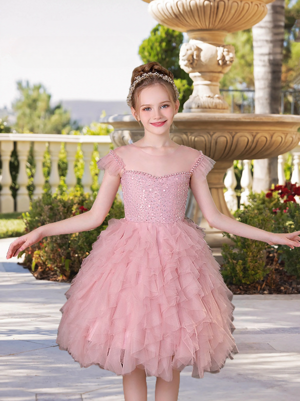 Boat Neck Flutter Straps Knee-Length Exquisite Sequins/Tulle Girl's Cake Dresses With Appliques/Beads Girls Gidiondress