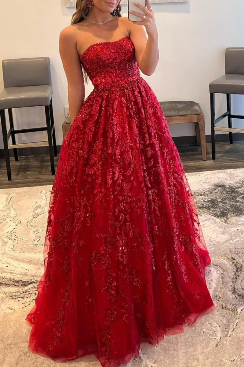 A-line Sequined Lace Long Prom Dress with Pockets BabaMila