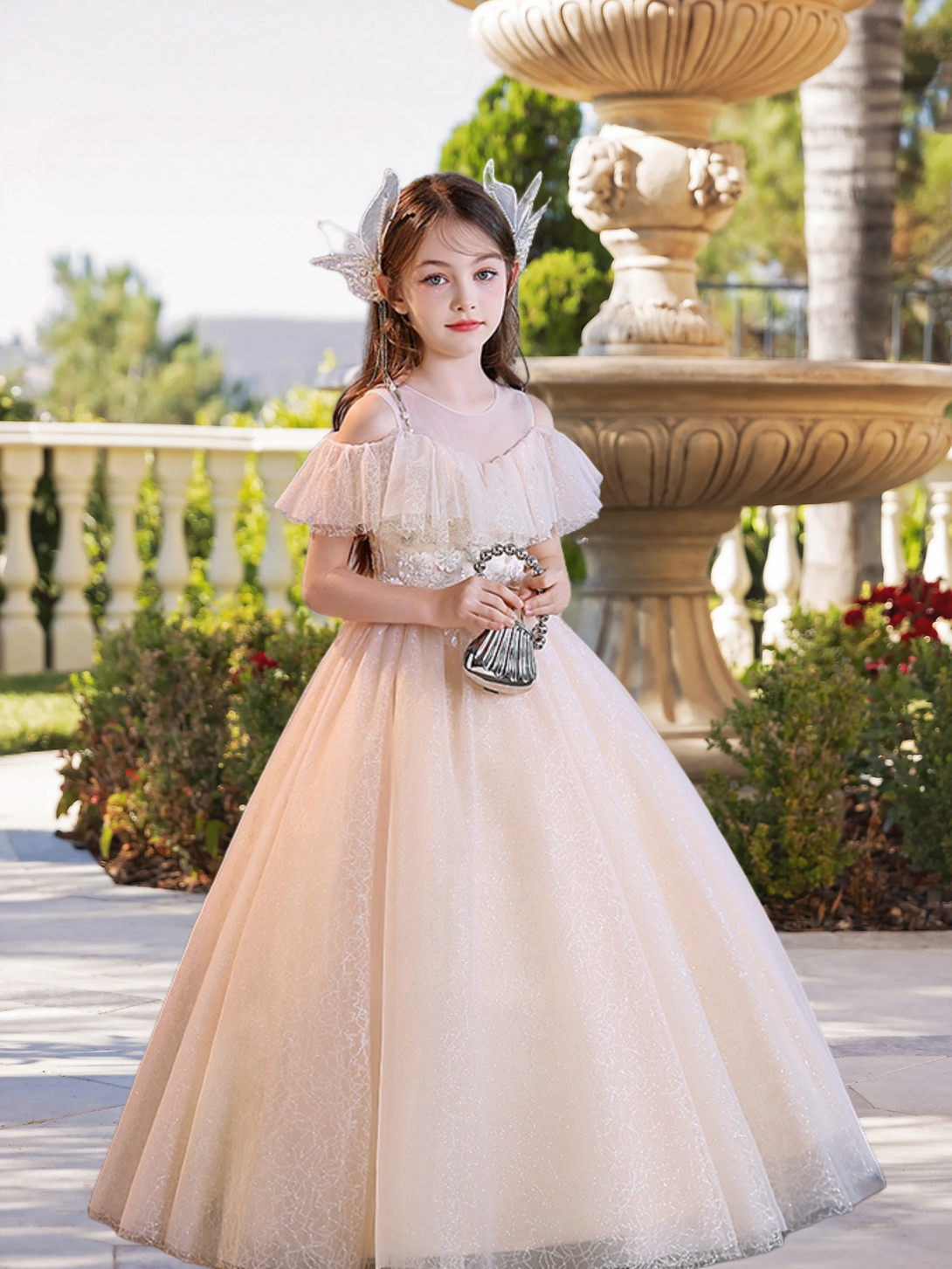 Cold Shoulder Cape Floor-Length Elegant Printed Tulle Girls Birthday Dresses With Appliques Girls Gidiondress
