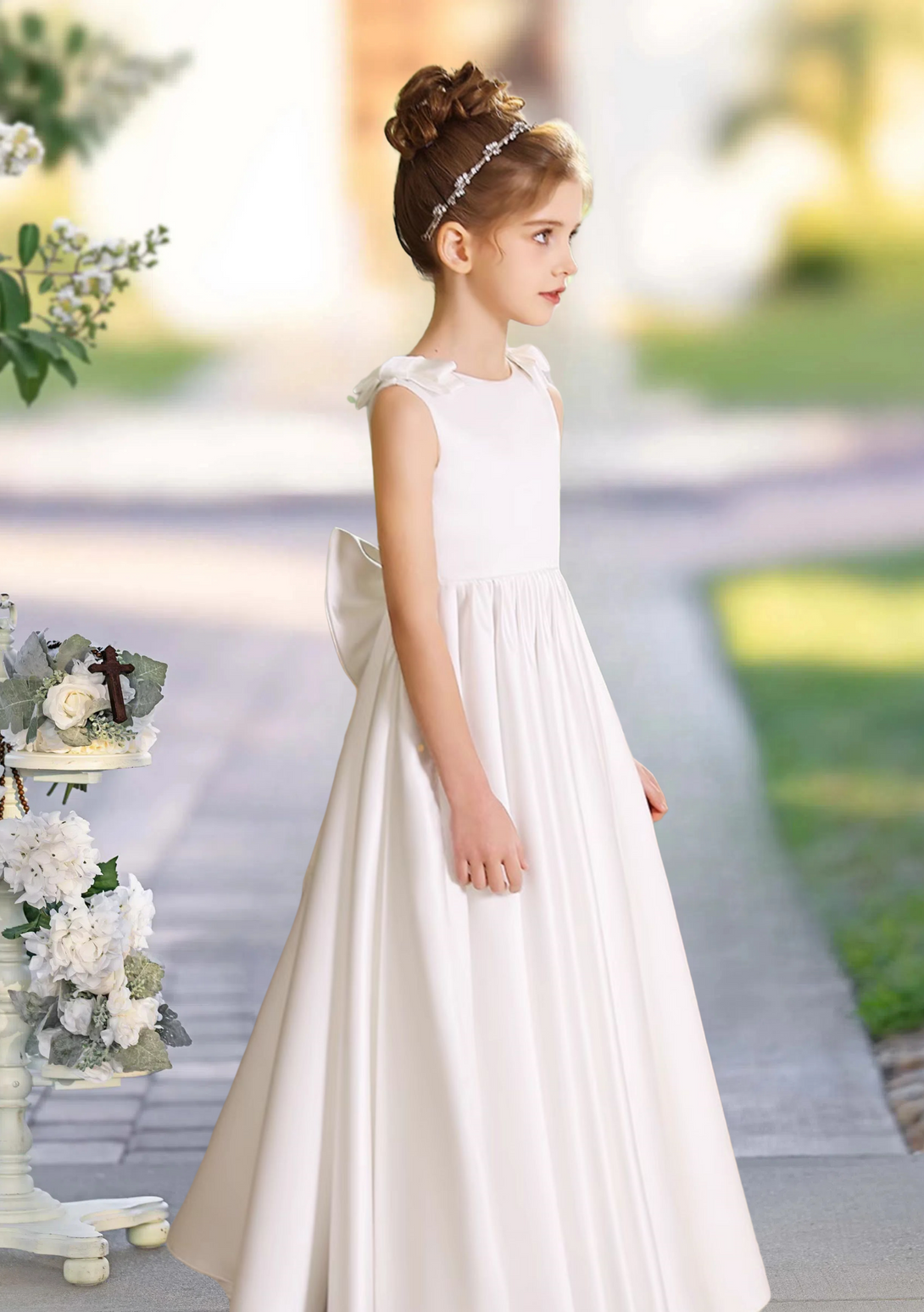 A-Line Scoop Neck Sleeveless Floor-Length Satin Flower Girl Dresses With Bow Girls Gidiondress