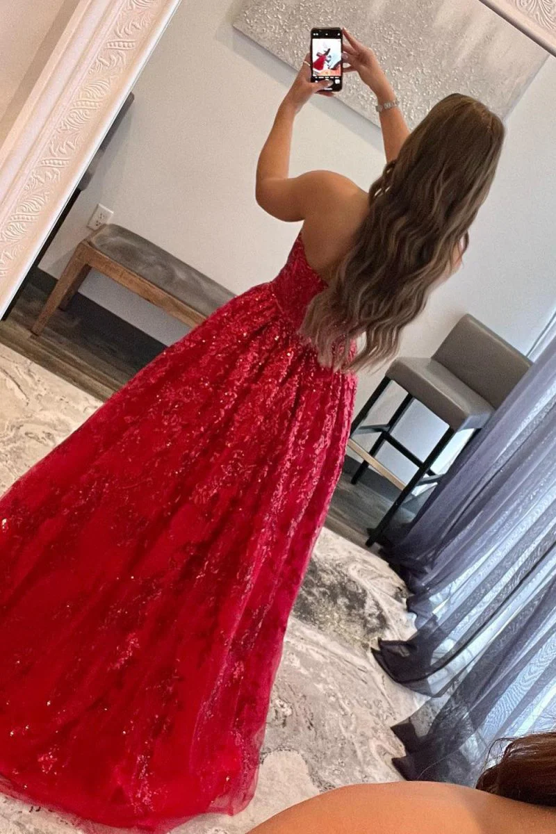A-line Sequined Lace Long Prom Dress with Pockets BabaMila