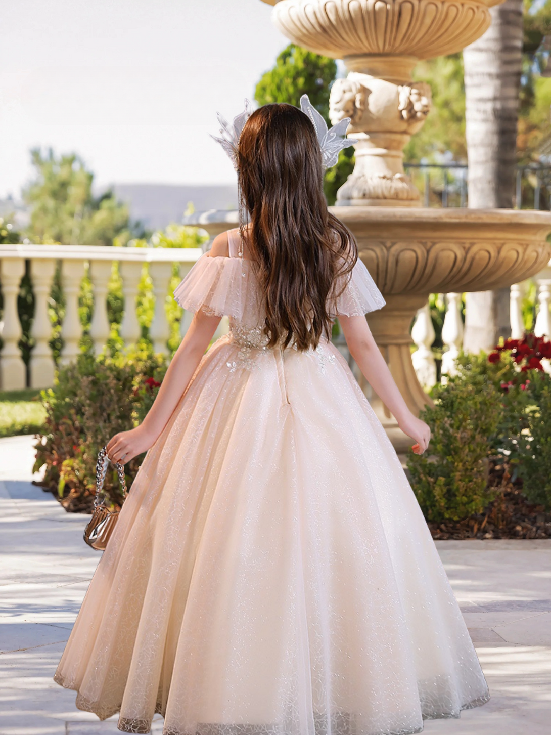 Cold Shoulder Cape Floor-Length Elegant Printed Tulle Girls Birthday Dresses With Appliques Girls Gidiondress