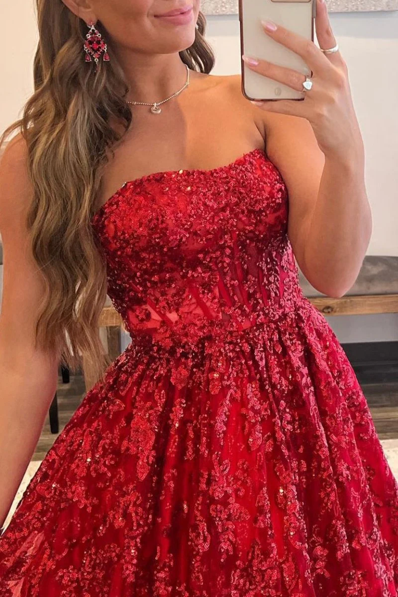 A-line Sequined Lace Long Prom Dress with Pockets BabaMila