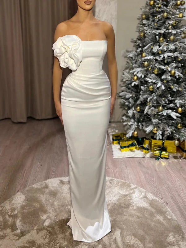Sheath/Column Strapless Evening Dresses Sleeveless Floor-length Party Dress With Flower BabaMila
