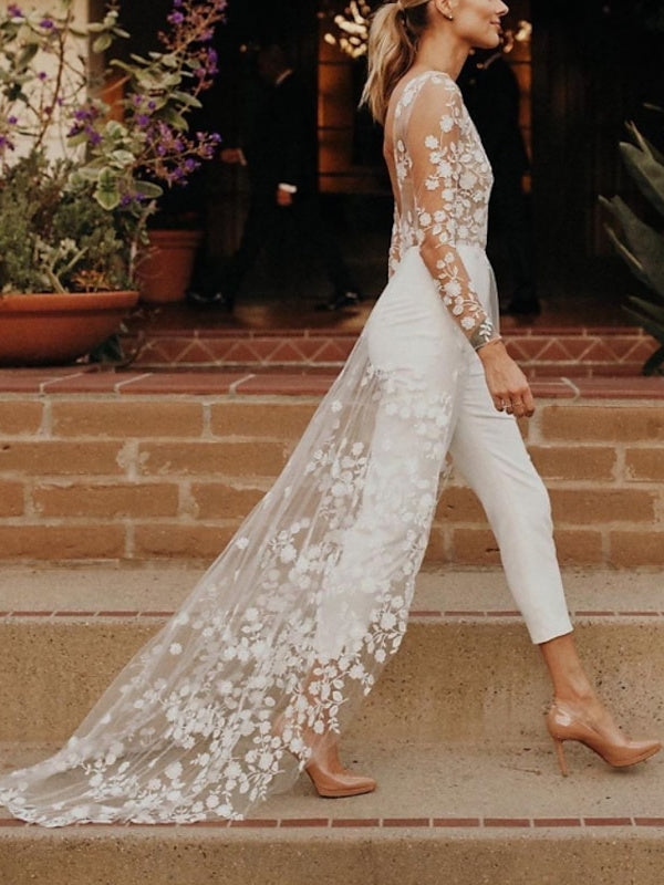 Long Sleeves Scoop Wedding Pant Suit Styles with Flower BabaMila