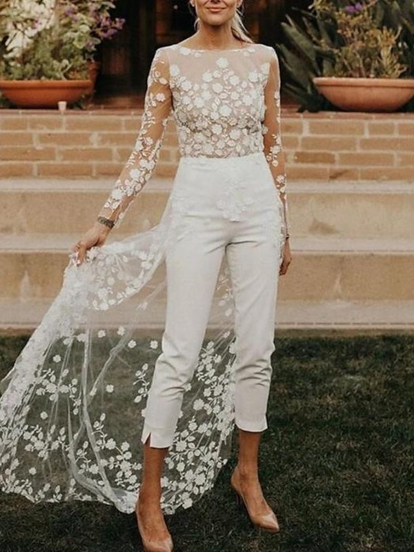 Long Sleeves Scoop Wedding Pant Suit Styles with Flower BabaMila