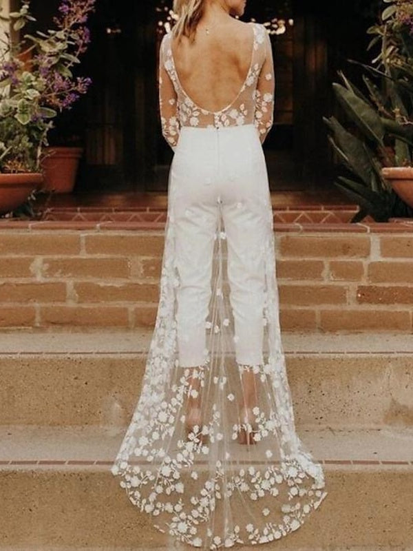 Long Sleeves Scoop Wedding Pant Suit Styles with Flower BabaMila