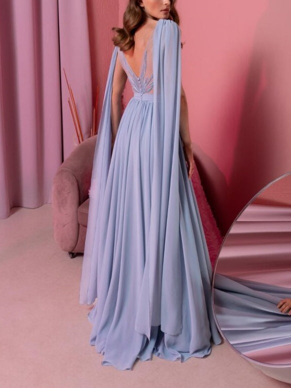 A-Line/Princess V-Neck Sleeveless Floor-Length Evening Dress with Watteau Train BabaMila