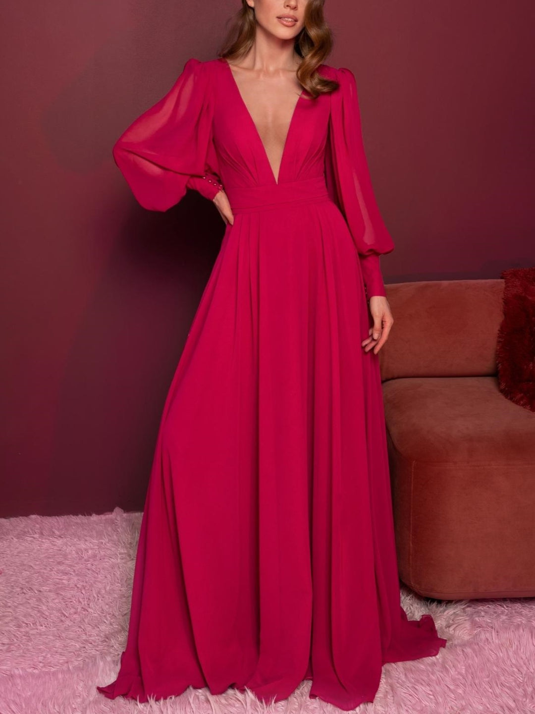 A-Line/Princess V-Neck Long Sleeves Floor-Length Evening Dress with Ruffles BabaMila