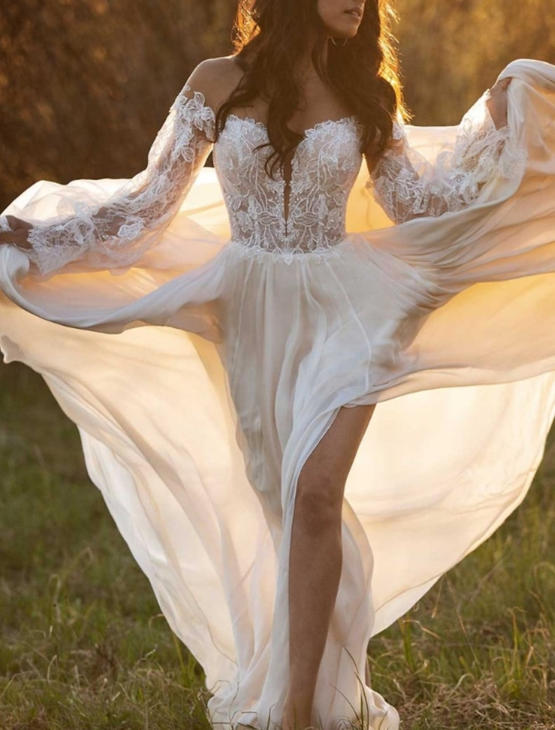 A-Line/Princess Beach Wedding Dress Off the Shoulder Long Sleeve with Lace Insert BabaMila