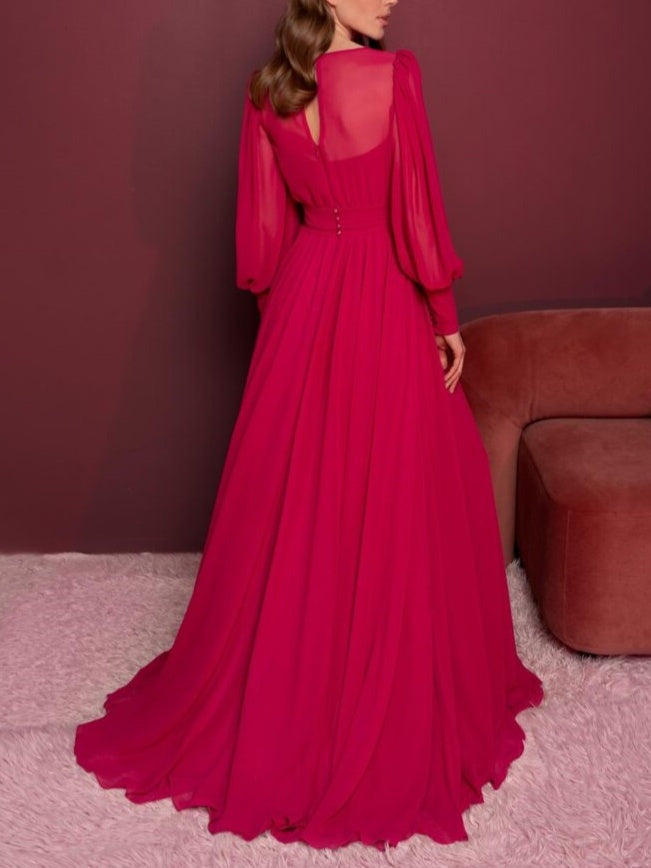 A-Line/Princess V-Neck Long Sleeves Floor-Length Evening Dress with Ruffles BabaMila