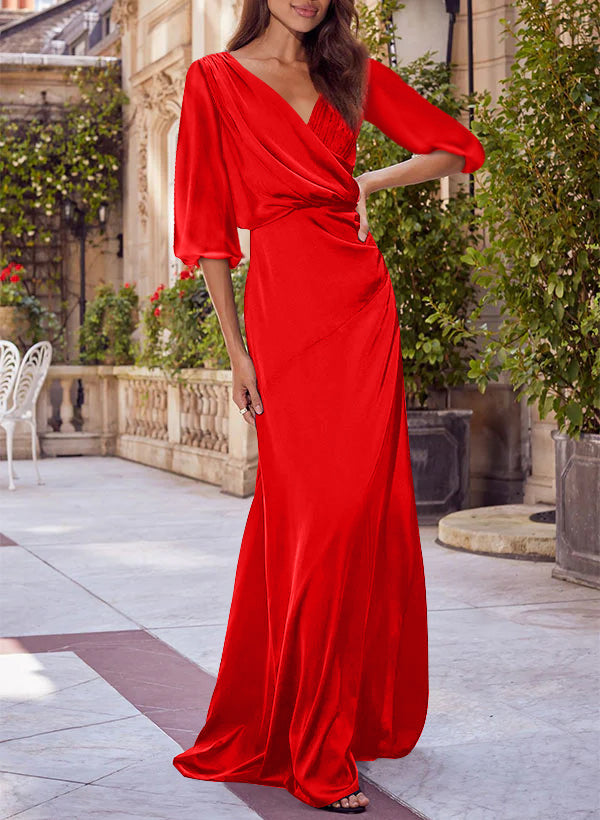 Column Floral Print V-Neck Half Sleeves Red Mother Of The Bride & Groom Dresses BabaMila