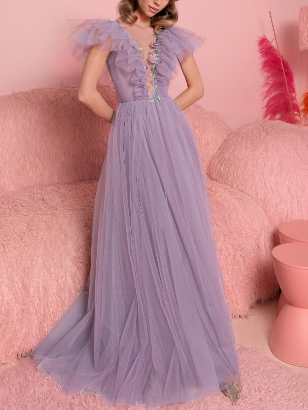 A-Line/Princess V-Neck Flutter Straps Floor-Length Evening Dress with Ruffles/Appliques BabaMila