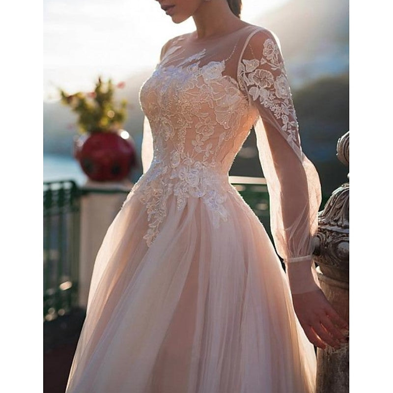 A-Line/Princess Illusion Neck Beach Wedding Dress with Embroidery Appliques BabaMila
