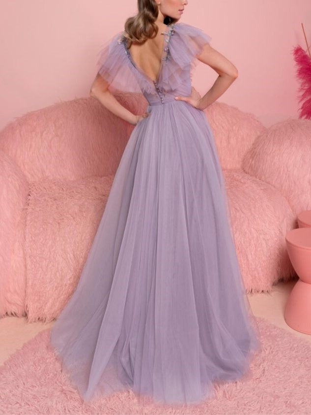 A-Line/Princess V-Neck Flutter Straps Floor-Length Evening Dress with Ruffles/Appliques BabaMila