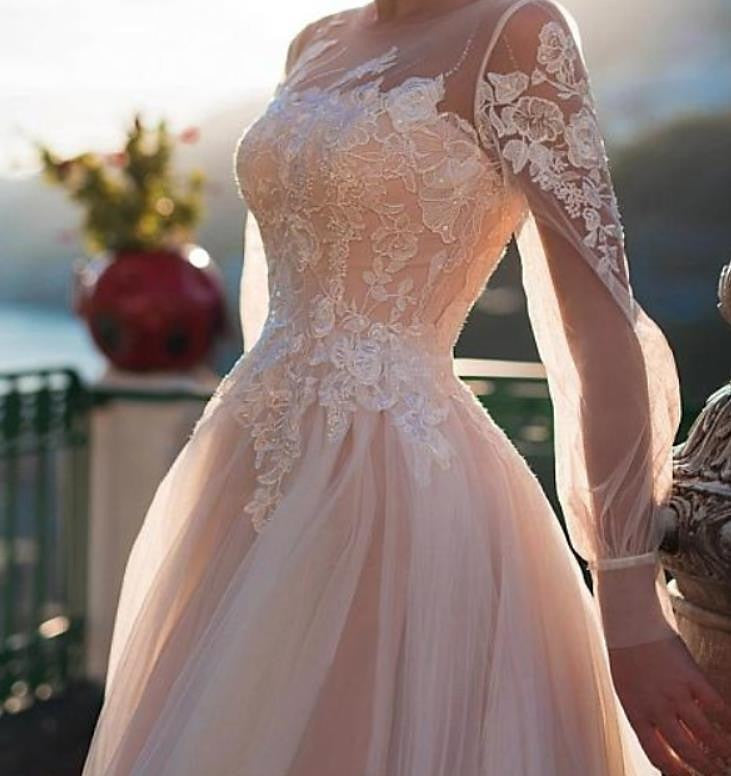 A-Line/Princess Illusion Neck Beach Wedding Dress with Embroidery Appliques BabaMila
