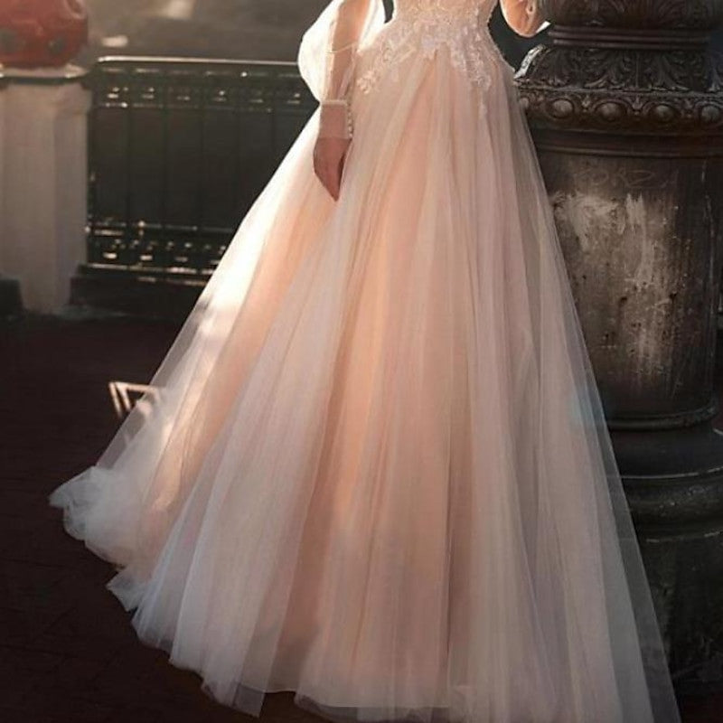 A-Line/Princess Illusion Neck Beach Wedding Dress with Embroidery Appliques BabaMila