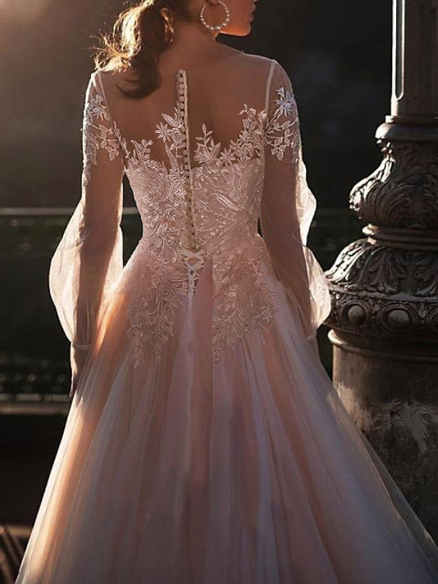 A-Line/Princess Illusion Neck Beach Wedding Dress with Embroidery Appliques BabaMila