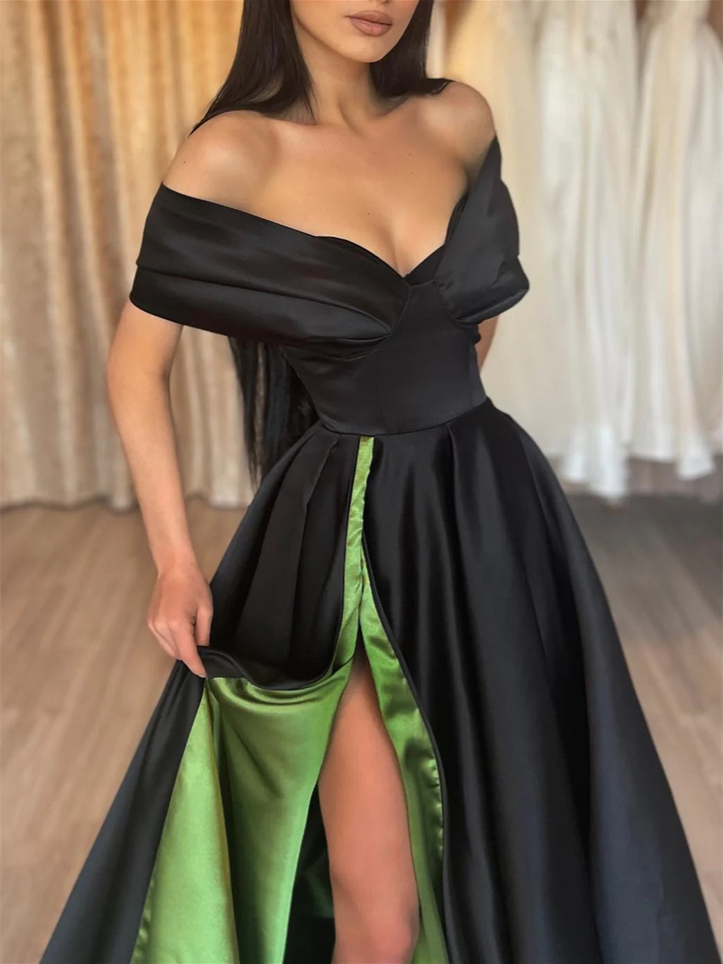A-Line/Princess Off-the-Shoulder Evening Dresses Floor-length Prom Dresses with Split Side BabaMila
