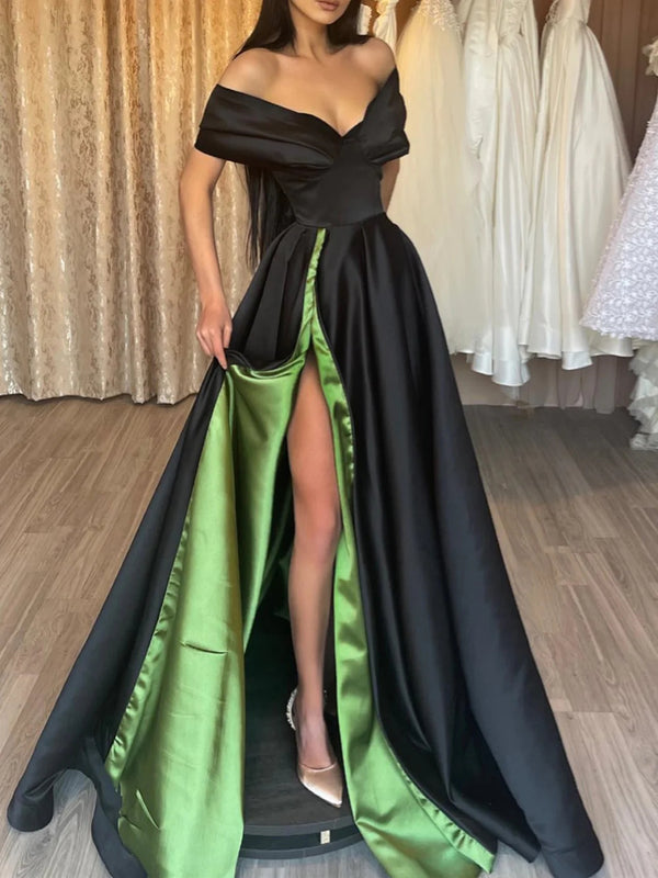 A-Line/Princess Off-the-Shoulder Evening Dresses Floor-length Prom Dresses with Split Side BabaMila
