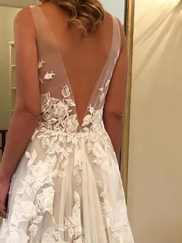 A-Line/Princess V-Neck Beach Wedding Dress with Appliques BabaMila