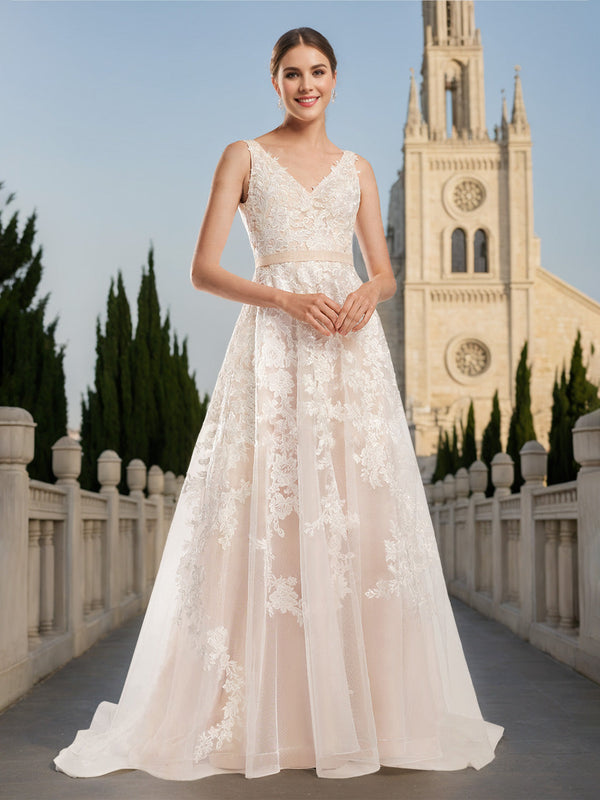 A-Line/Princess V-Neck Sleeveless Floor-Length Long Wedding Dress with Appliques BabaMila