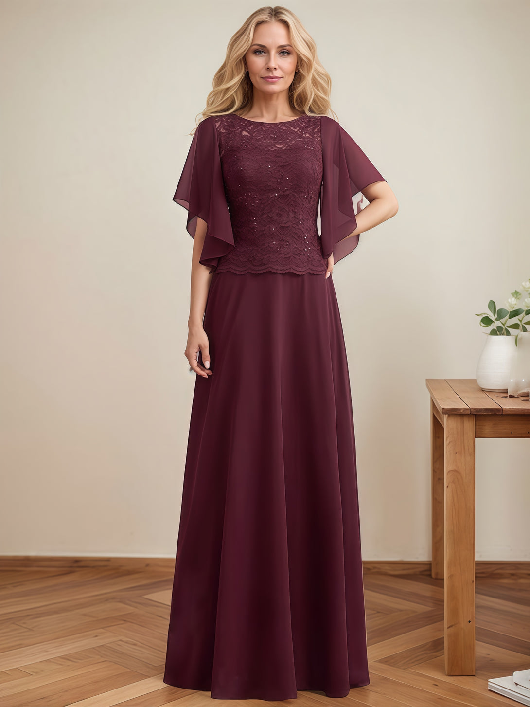 A-Line Boat Neck Flutter Straps Floor-Length Lace/Chiffon Mother of the Bride Dress With Sequins BabaMila