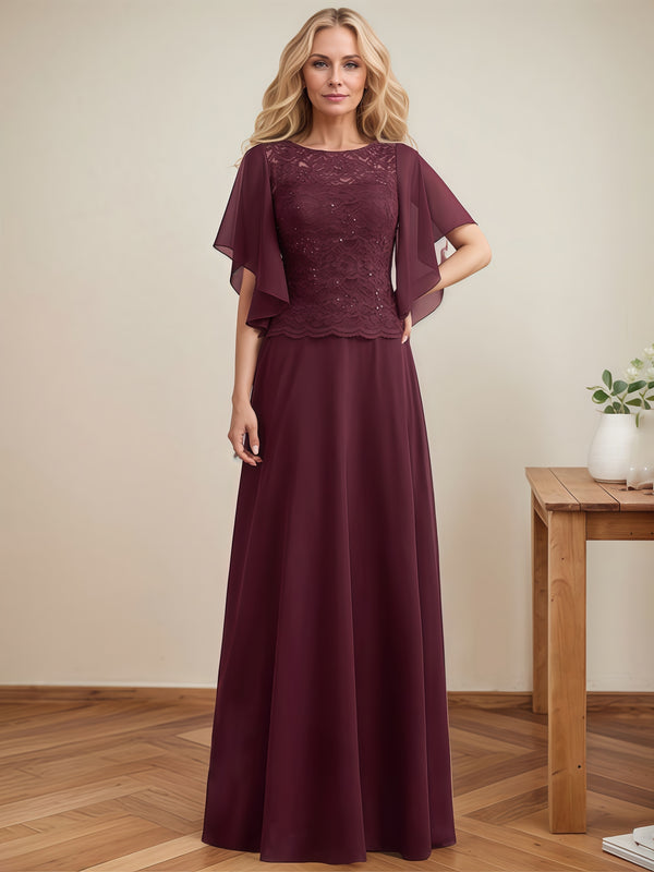 A-Line Boat Neck Flutter Straps Floor-Length Lace/Chiffon Mother of the Bride Dress With Sequins BabaMila