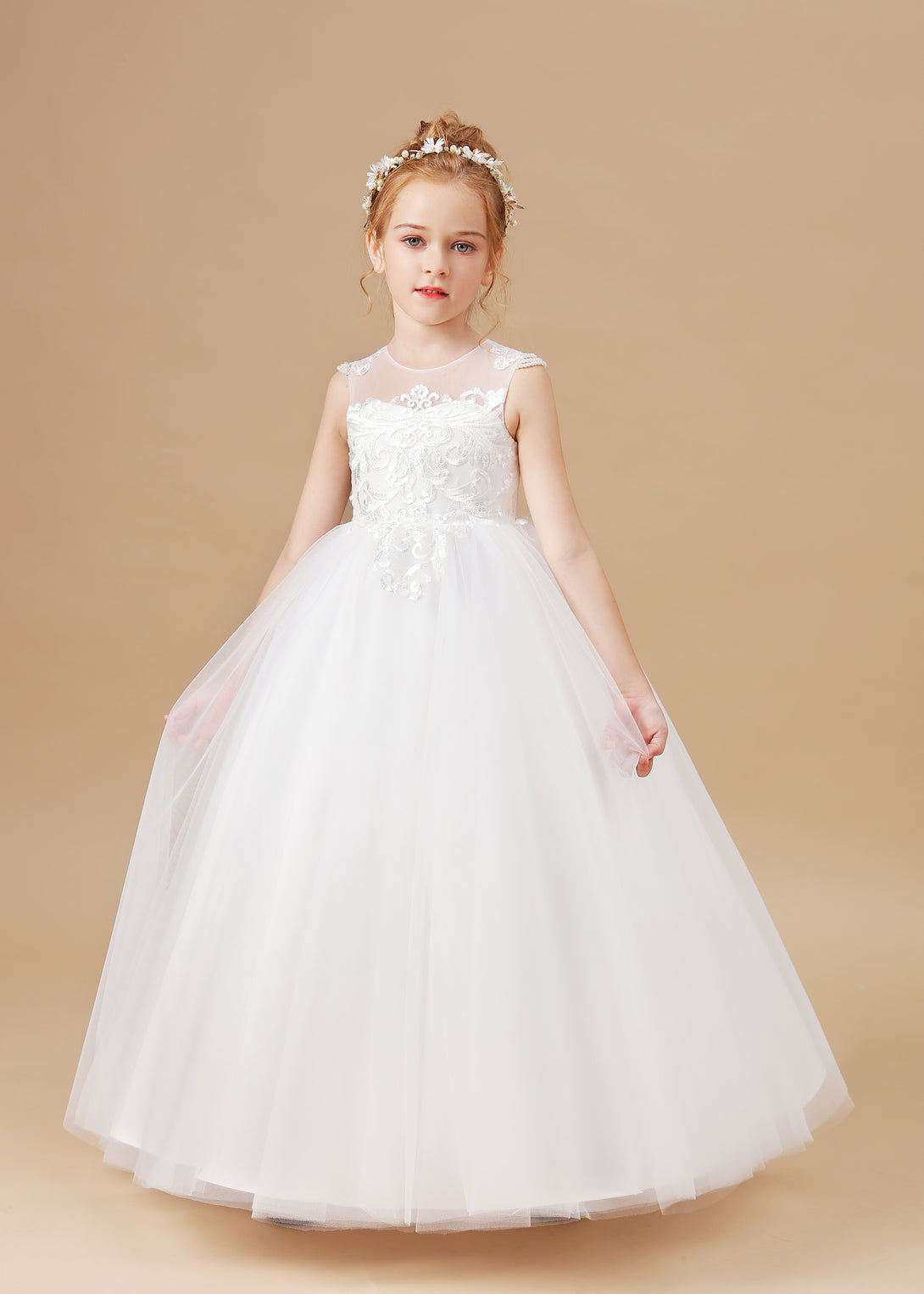 Scoop Neck Sleeveless Lace/Tulle Ivory Floor-Length Flower Girl Dresses/First Communion Dress With Appliques Girls Gidiondress