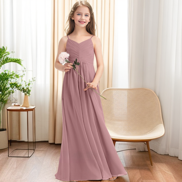 V-Neck Spaghetti Straps Floor-Length Chiffon Junior Bridesmaid Dress/Girls Birthday Dresses With Pleated Girls Gidiondress