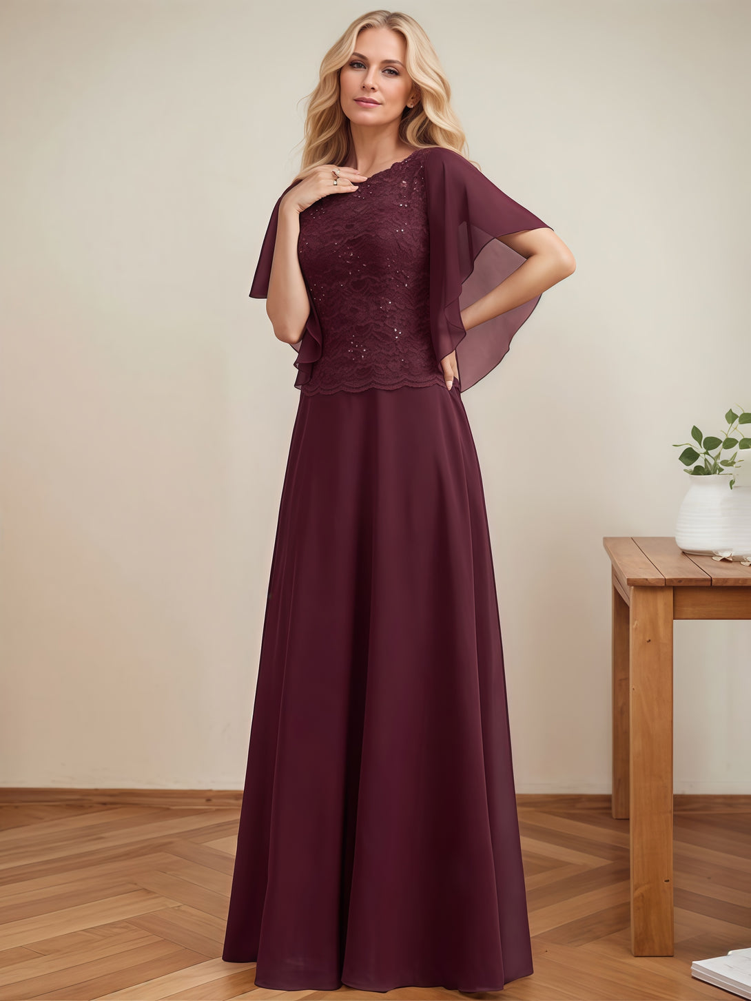 A-Line Boat Neck Flutter Straps Floor-Length Lace/Chiffon Mother of the Bride Dress With Sequins BabaMila