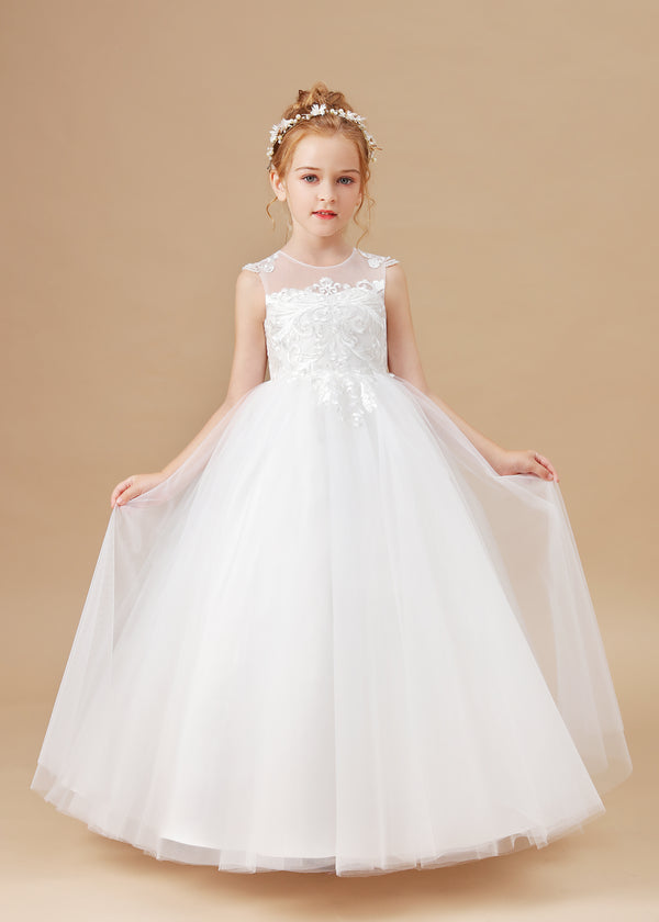 Scoop Neck Sleeveless Lace/Tulle Ivory Floor-Length Flower Girl Dresses/First Communion Dress With Appliques Girls Gidiondress