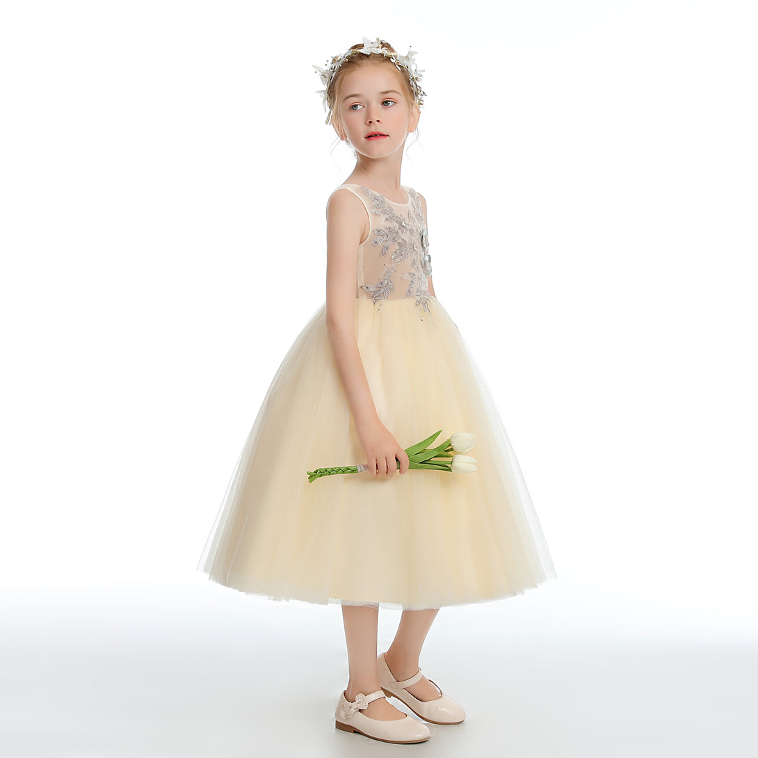 Ball Gown Sleeveless Scoop Neck Tea-Length Lace/Tulle Flower Girl Dresses With Appliques/Beads Girls Gidiondress