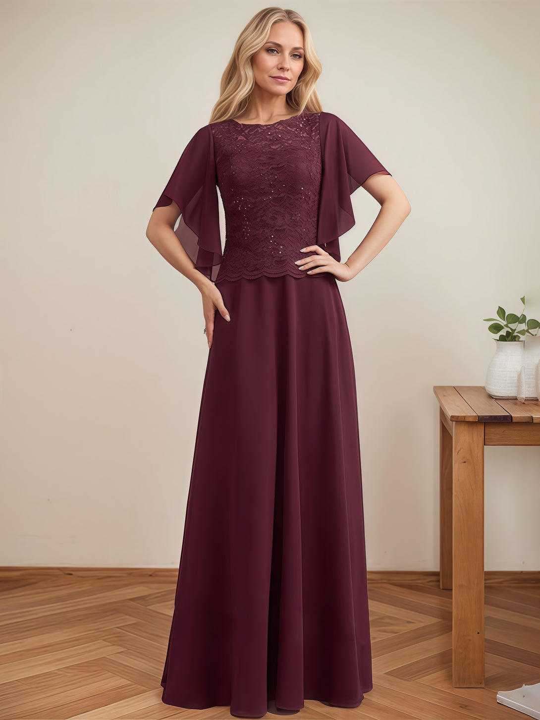 A-Line Boat Neck Flutter Straps Floor-Length Lace/Chiffon Mother of the Bride Dress With Sequins BabaMila
