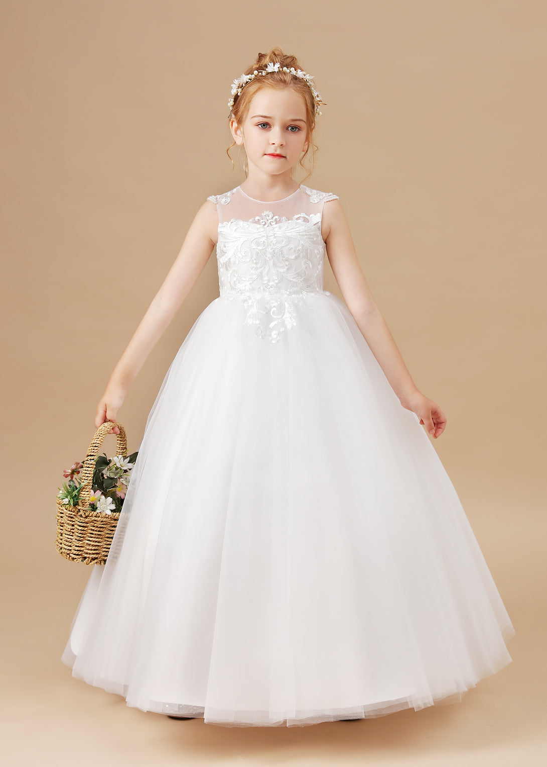 Scoop Neck Sleeveless Lace/Tulle Ivory Floor-Length Flower Girl Dresses/First Communion Dress With Appliques Girls Gidiondress